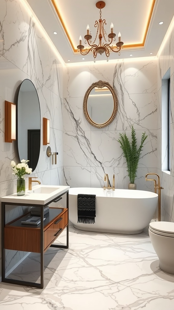 A modern bathroom with a geometric epoxy floor design in gray and white, paired with sleek fixtures.