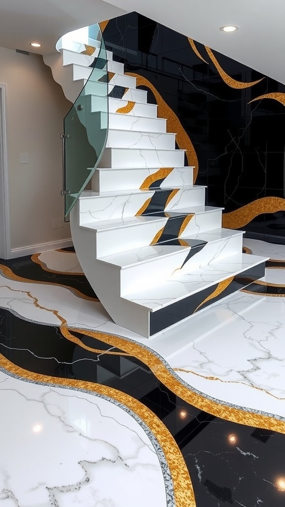 Modern staircase with white and gold marble epoxy resin flooring