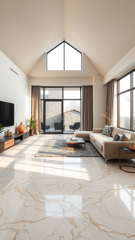 Stylish living room with a pearl epoxy floor and large windows