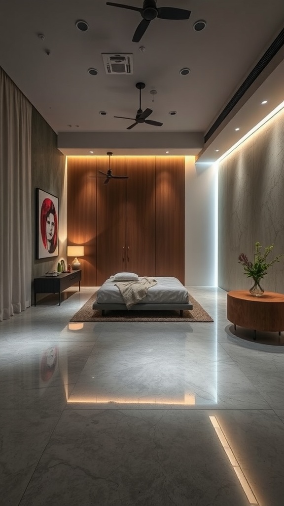 A modern bedroom with epoxy concrete flooring and creative lighting