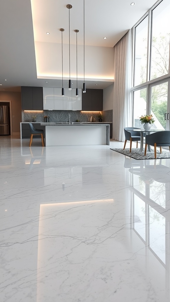 A modern kitchen showcasing glossy epoxy flooring with a marble-like appearance, featuring large windows and stylish furniture.