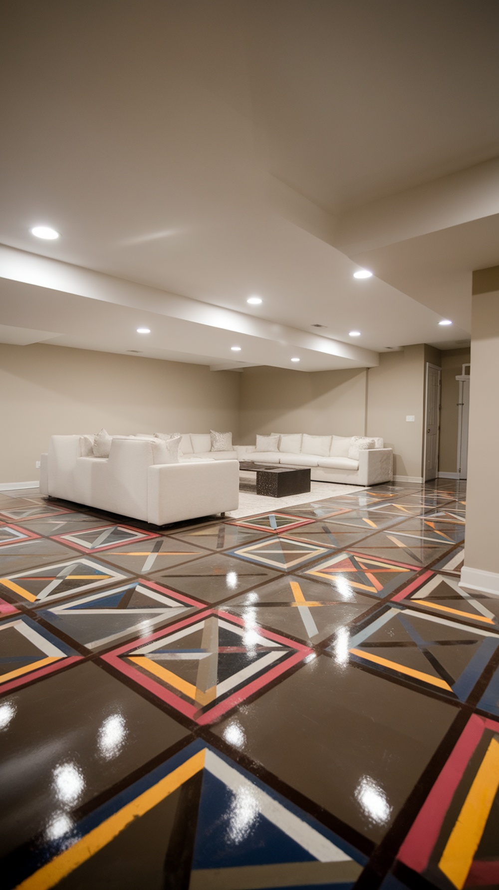 A modern basement with a geometric epoxy floor design featuring various colors.