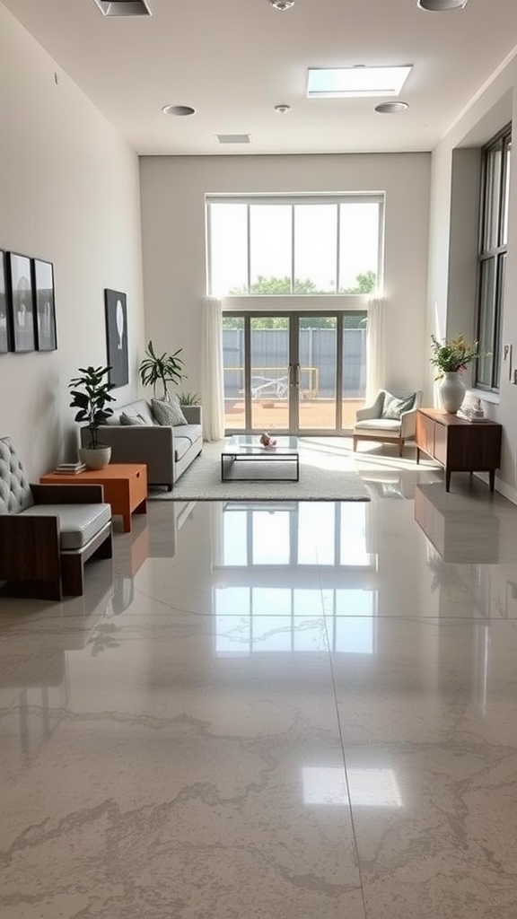 A modern living room featuring polished concrete flooring with large windows and stylish furniture.