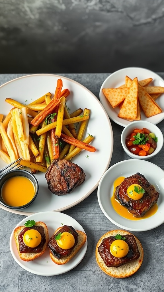A plate of garlic butter steak bites served with roasted potatoes and colorful vegetables.