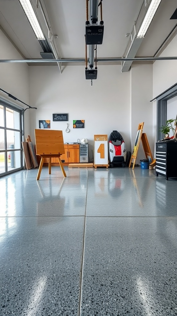 A bright garage workshop with a polished epoxy floor and art supplies.