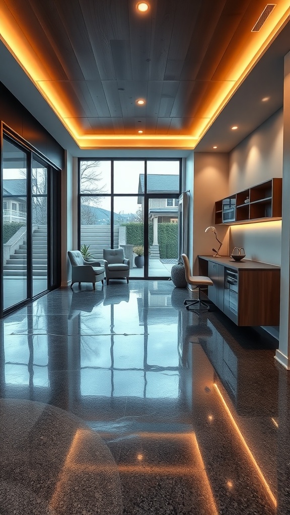 A modern interior space featuring glossy epoxy floors, stylish storage solutions, and architectural lighting.