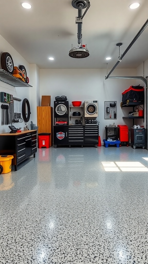A well-organized garage workshop featuring efficient storage solutions and polished epoxy flooring.