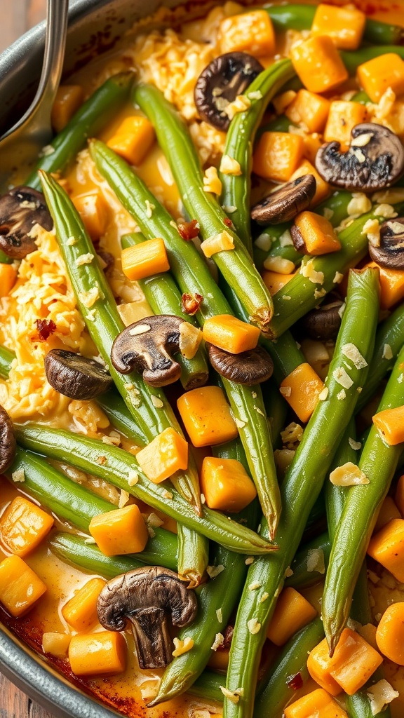 A delicious green bean casserole with cheese, butternut squash, and mushrooms.