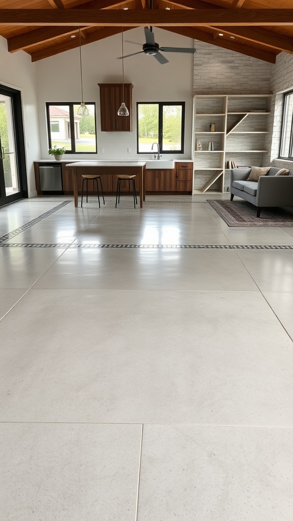 Modern kitchen space with color-blocked concrete flooring and wooden accents.