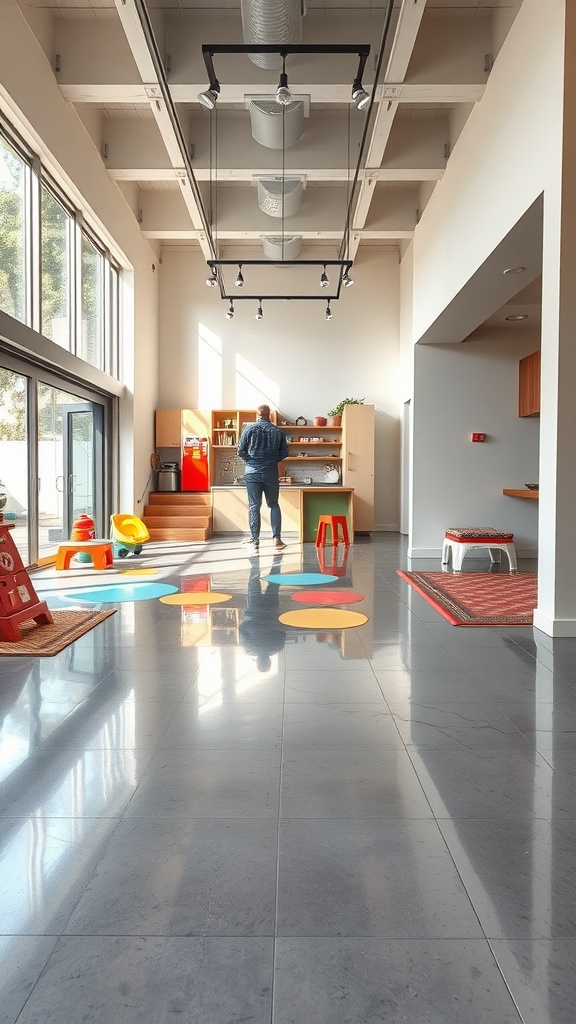 A spacious room with polished concrete flooring, colorful circles on the floor, and a modern kitchen area.