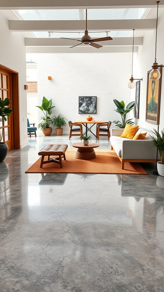 A modern living space featuring polished epoxy flooring, plants, and stylish furniture.