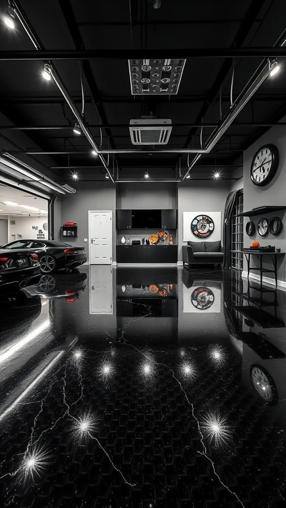 A modern garage with glossy black epoxy flooring and stylish lighting.