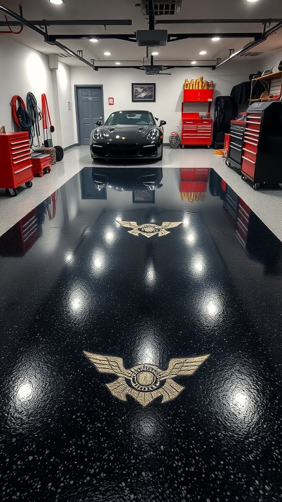 A modern garage featuring a high-gloss black epoxy floor with a custom logo design, showcasing a sleek car