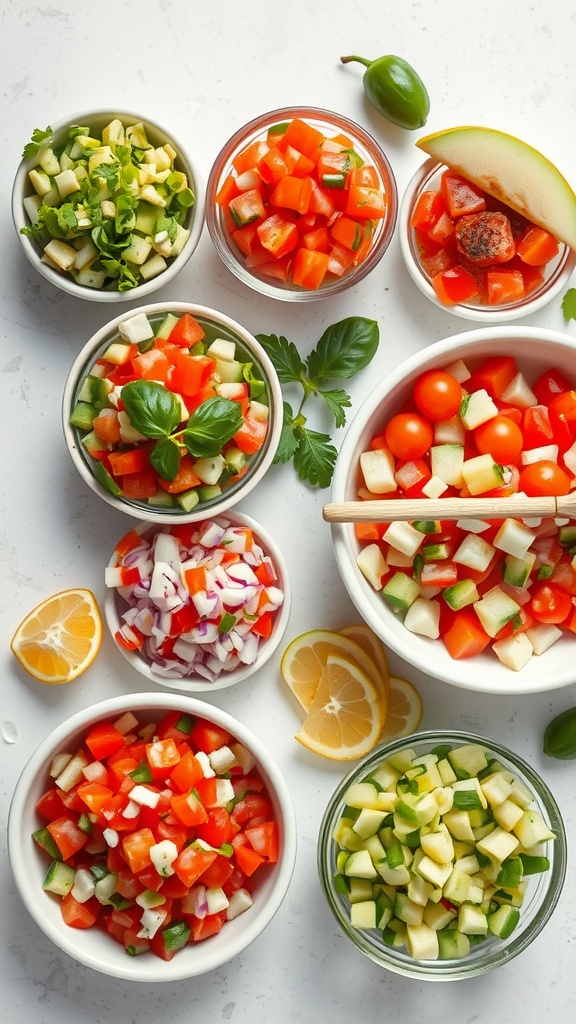 A variety of colorful bowls filled with different types of pico de gallo and ingredients.