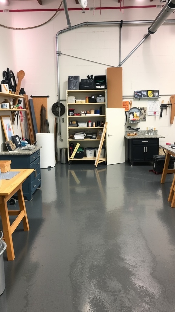 A workshop space with epoxy flooring and tools scattered around