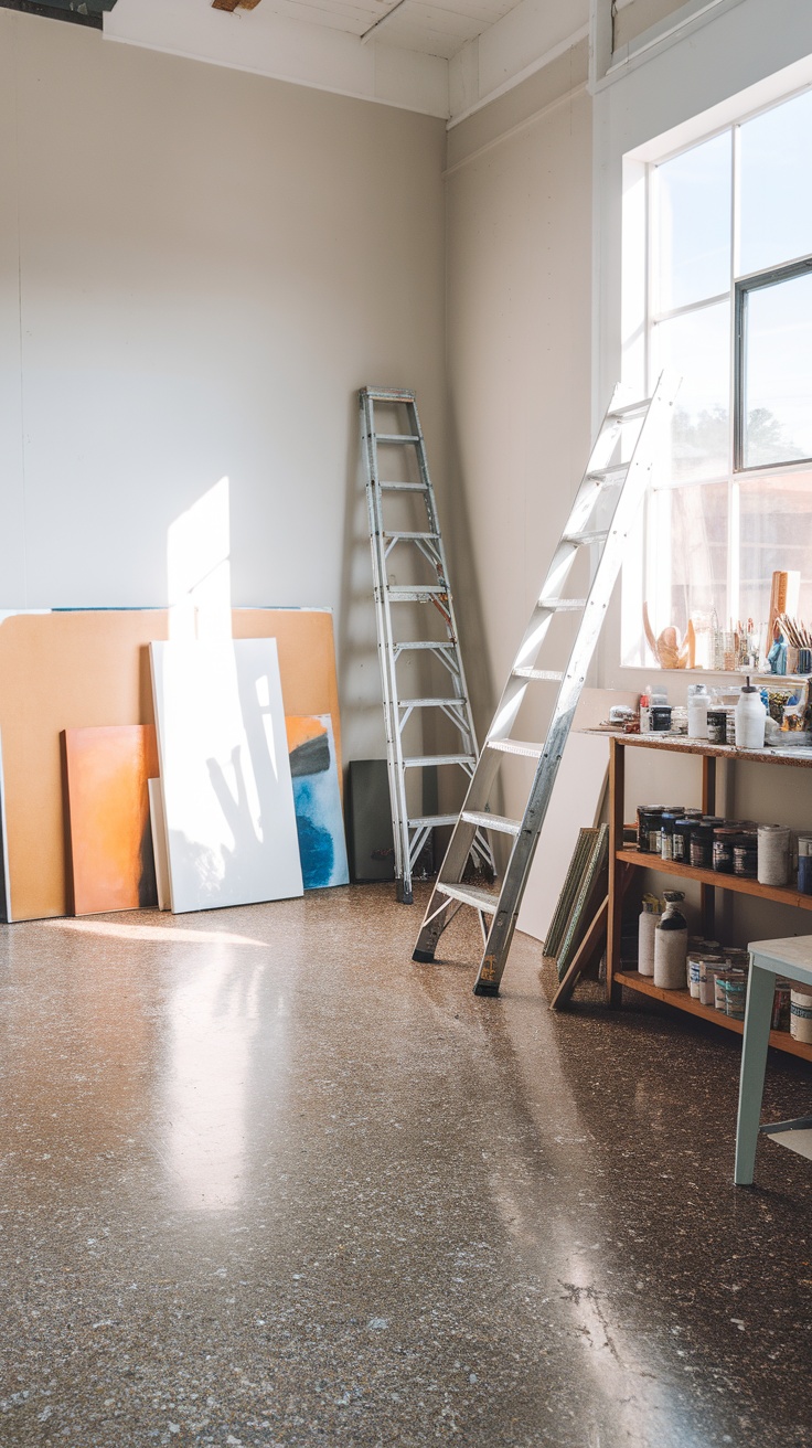 Bright creative workshop with flake flooring, featuring canvases and art supplies.
