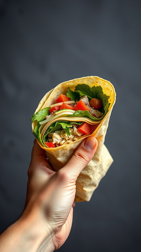 A hand holding a cheesy garlic chicken wrap filled with greens and tomatoes.