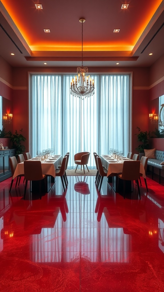 A luxurious dining area featuring a glossy crimson red epoxy floor, elegant chandeliers, and soft white curtains.