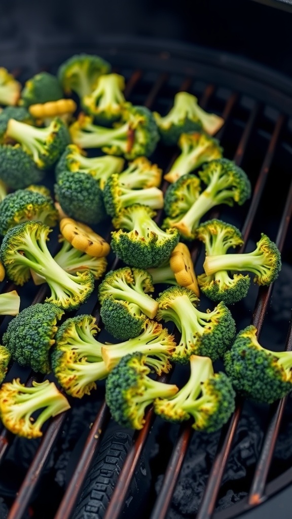Crisp grilled broccoli florets on a charcoal grill.