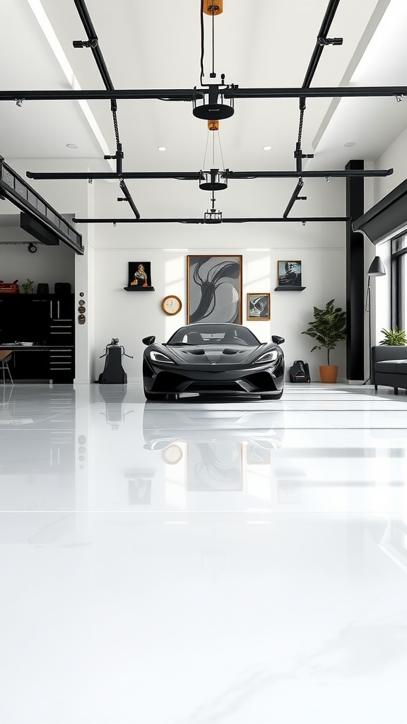 A modern garage with a sleek white epoxy floor and a luxury car.