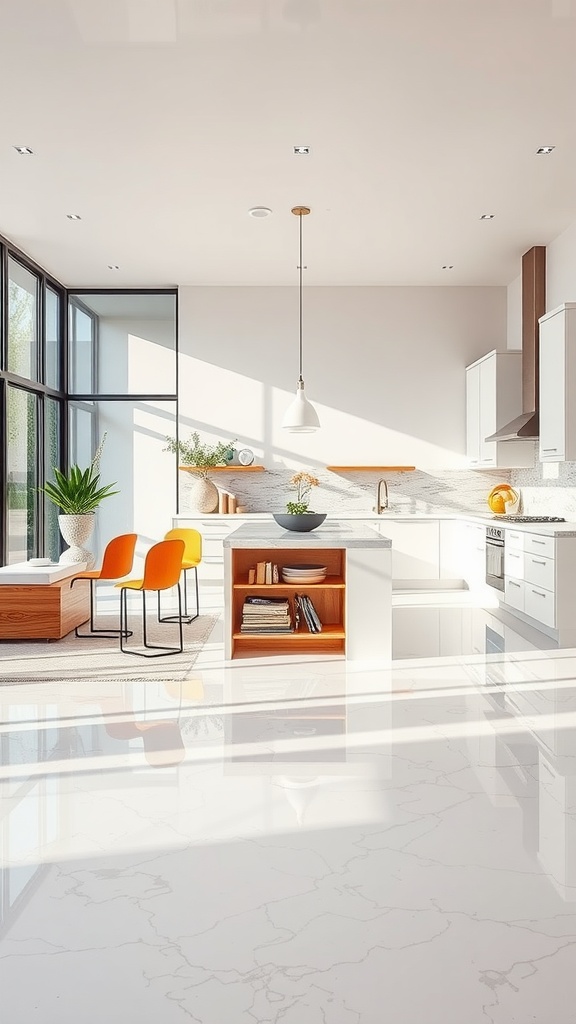 A modern kitchen with a crisp white epoxy floor, colorful orange chairs, and bright natural light.