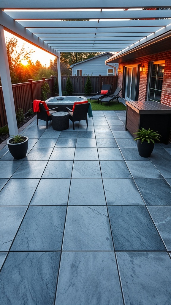 A modern patio with light grey stamped concrete tiles, colorful furniture, and a pergola.