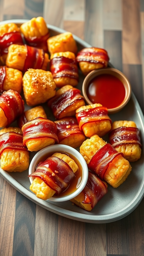 Crispy bacon-wrapped tater tots on a platter with dipping sauce.