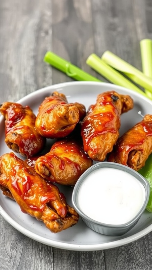 A plate of crispy baked chicken wings with sauce and celery sticks