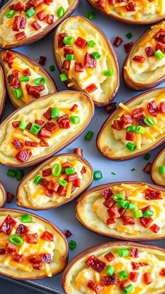 Delicious crispy baked potato skins topped with cheese, bacon, and green onions.