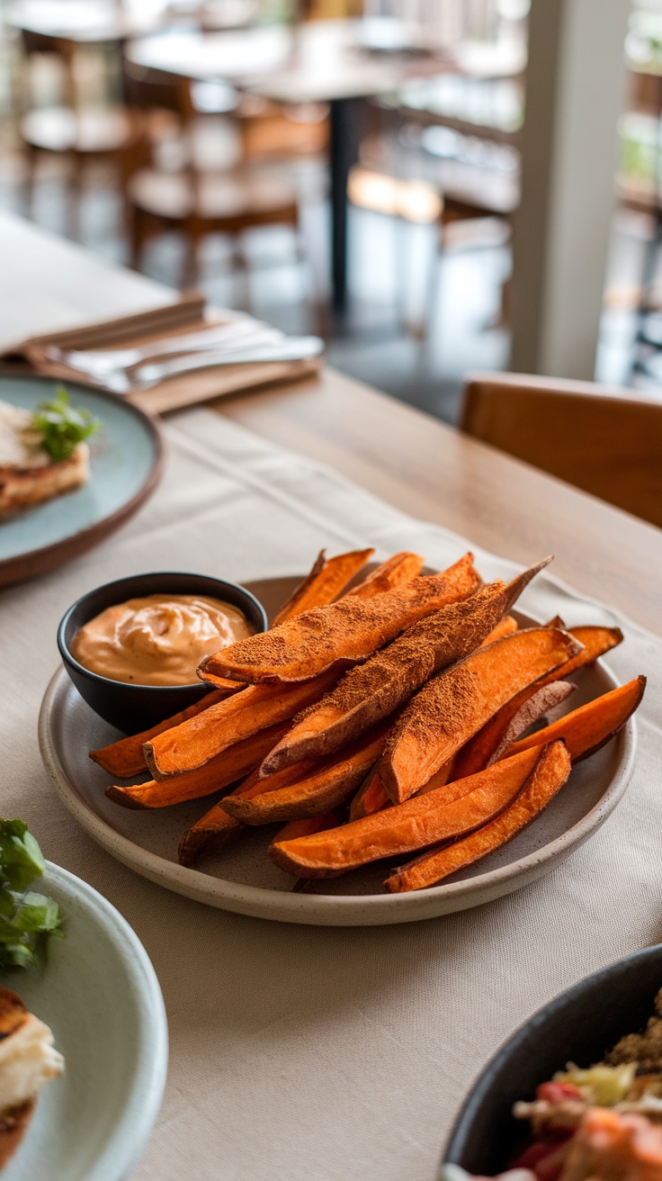 Crispy baked sweet potato fries on a plate with dipping sauce