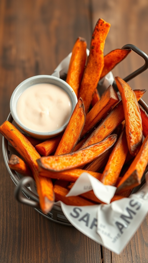 A basket of crispy baked sweet potato fries served with a dipping sauce.