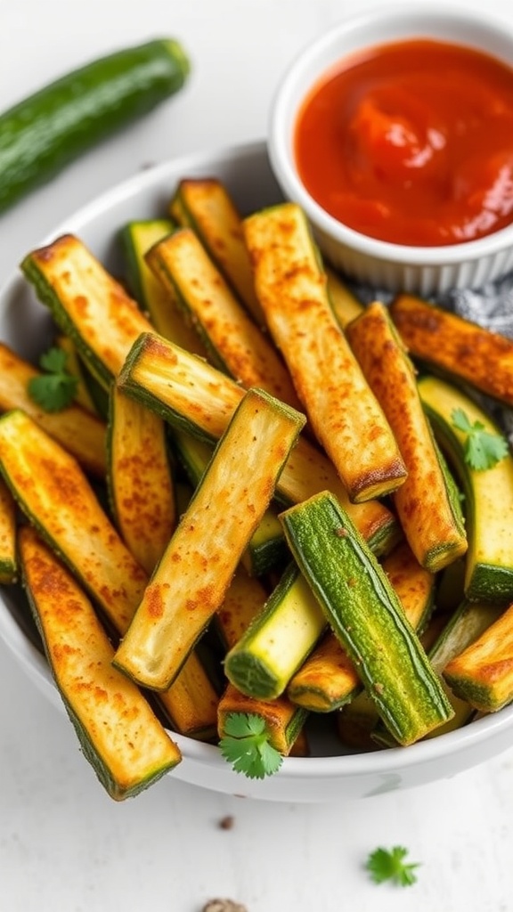 A plate of crispy baked zucchini fries with a side of marinara sauce.