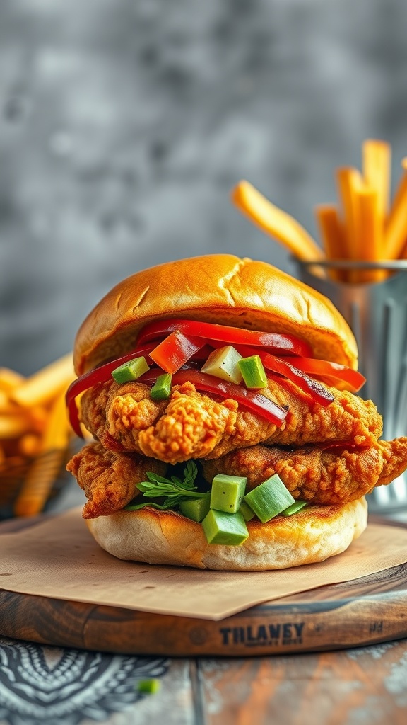 A delicious crispy bang bang chicken sandwich with fresh toppings
