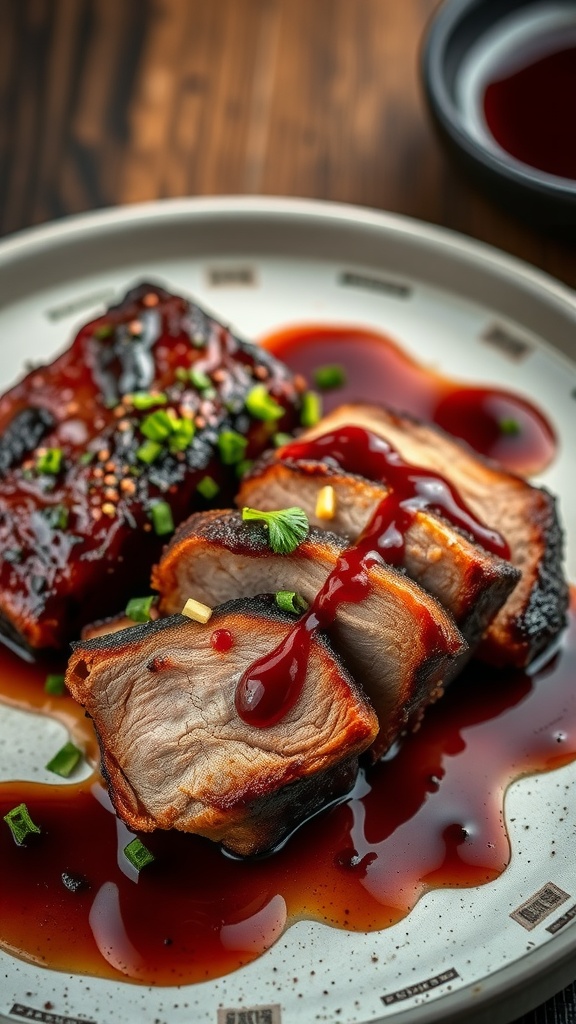 Delicious crispy BBQ pork belly served with sauce and garnished with green onions.