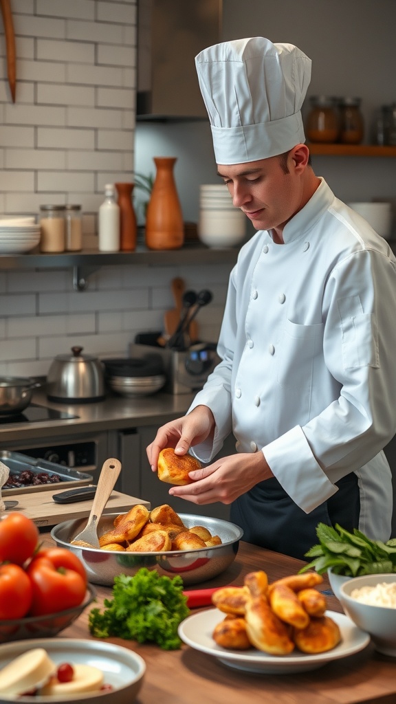 A chef preparing crispy chicken with fresh ingredients in a modern kitchen.