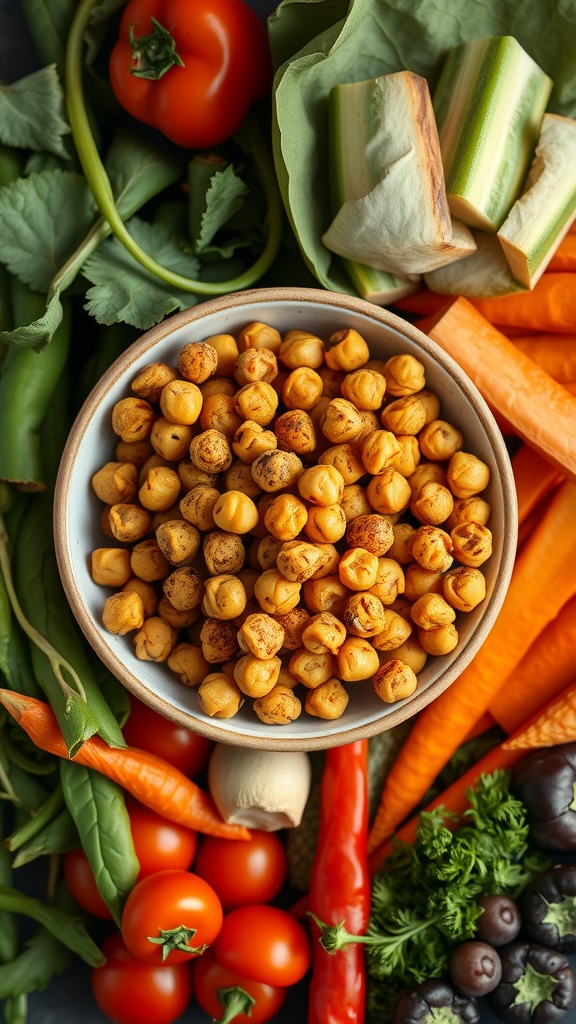 A bowl of crispy roasted chickpeas surrounded by fresh vegetables.