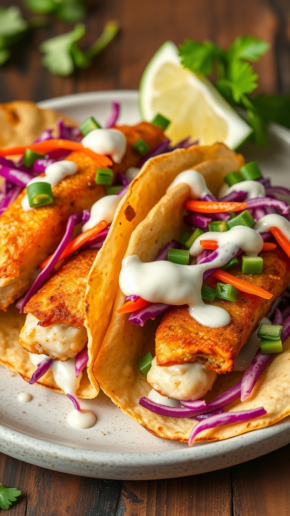 A delicious plate of crispy fish tacos with cabbage slaw, garnished with lime and cilantro.