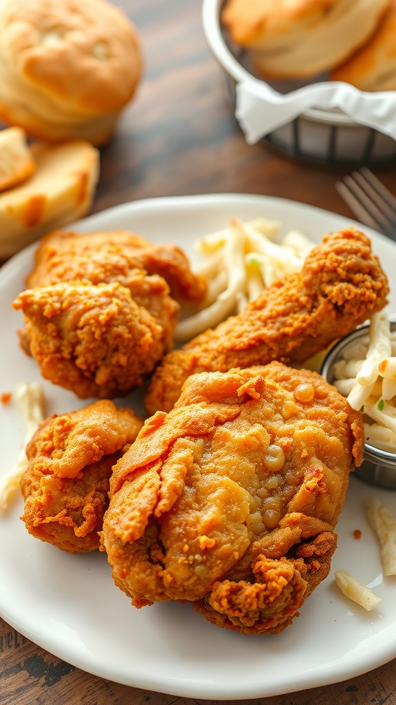 Plate of crispy fried chicken with coleslaw and biscuits