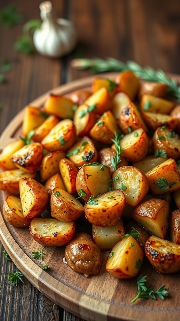 Crispy herb-seasoned potatoes on a wooden platter.