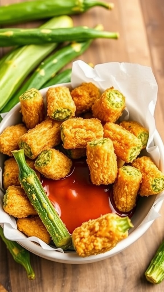 A bowl of crispy okra bites with dipping sauce