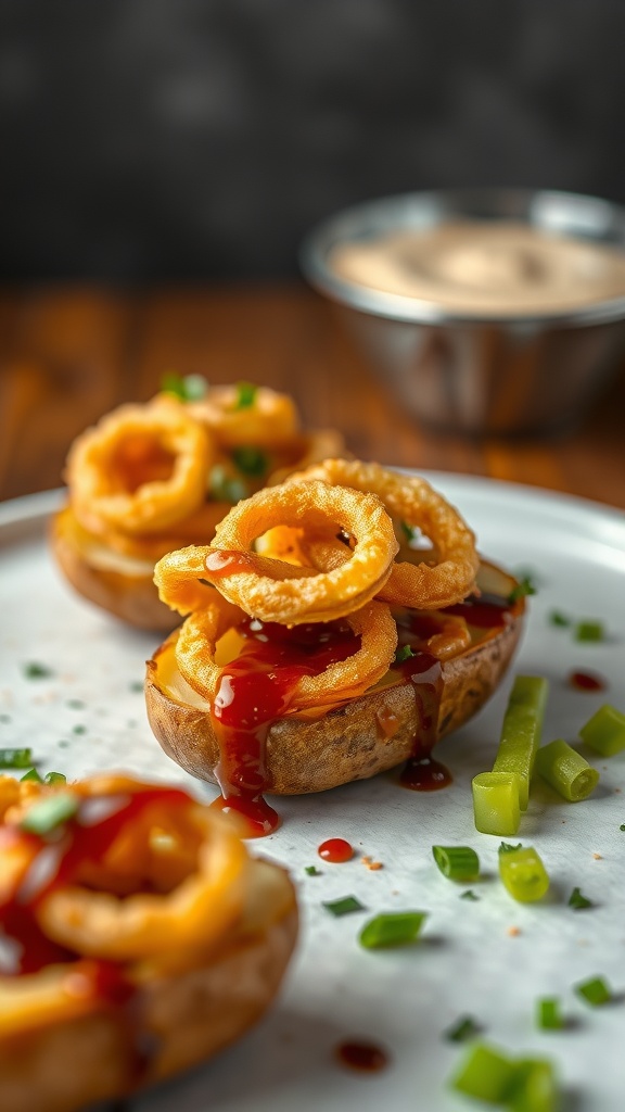 Delicious loaded potato skins topped with crispy onion rings and garnished with green onions.