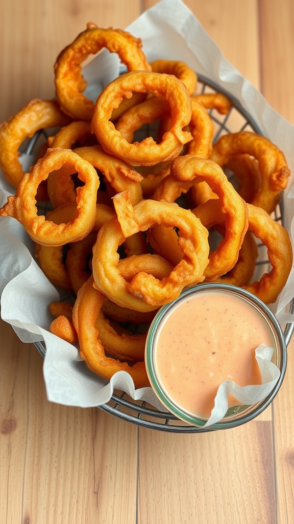A basket of crispy onion rings served with a dipping sauce.