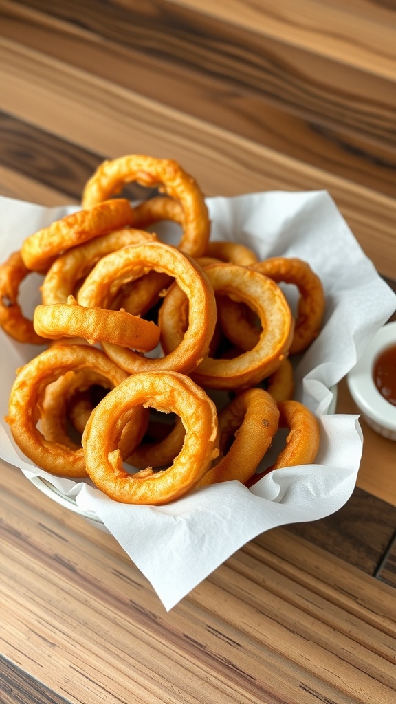 A basket of crispy onion rings on a wooden table with a small dipping sauce on the side.