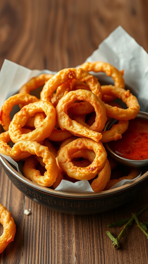 A bowl filled with crispy onion rings served with a spicy dipping sauce.