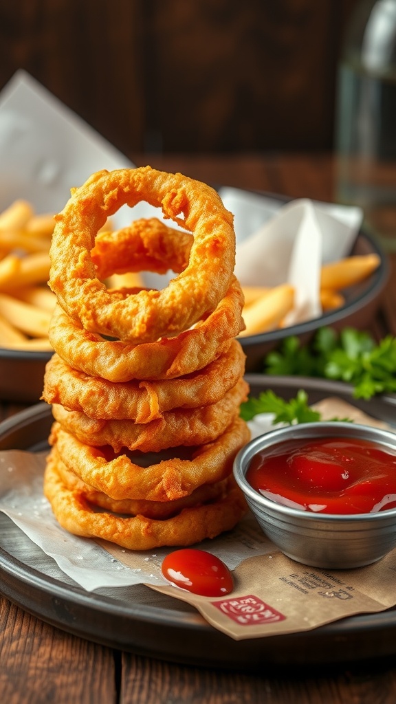 A stack of crispy onion rings with spicy ketchup on a plate.