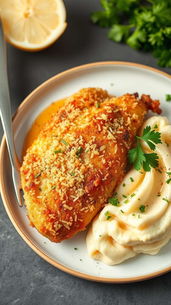Crispy Parmesan-Crusted Chicken with creamy garlic mashed potatoes served on a plate.