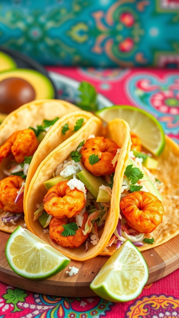 Crispy shrimp tacos served with lime and fresh toppings
