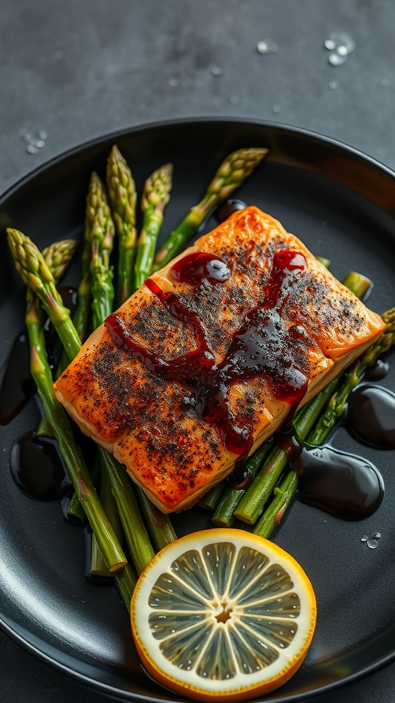 Crispy skin salmon served with asparagus and lemon slices on a plate.
