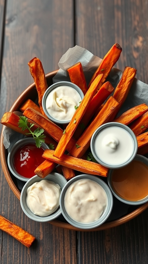 A bowl of crispy sweet potato fries with various dipping sauces