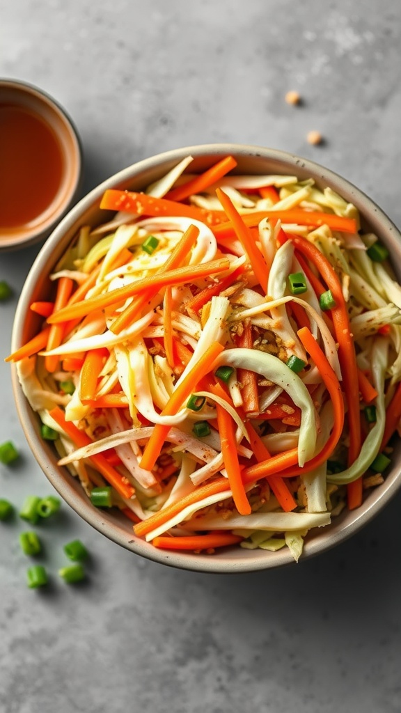 A bowl of colorful Crunchy Asian Slaw made with cabbage, carrots, and a tangy dressing.